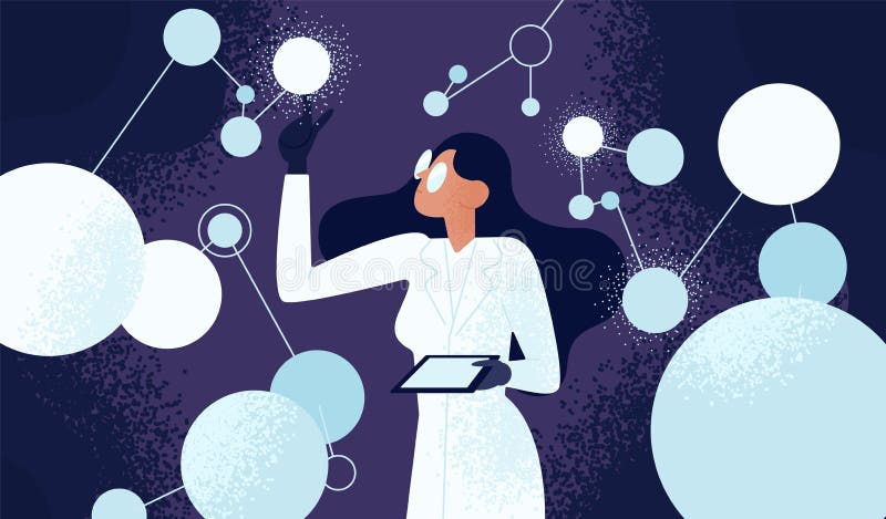 Female scientist in lab coat checking artificial neurons connected into neural network. Computational neuroscience