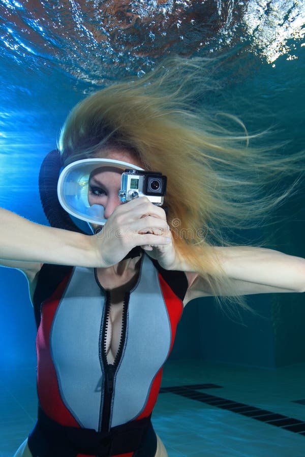 Female Scuba Diver with Action Camera Stock Photo - Image of movie ...