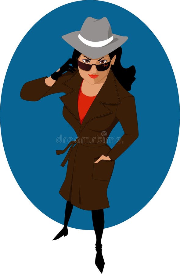 Young brunette woman in a trench coat, man's hat and sunglasses, cartoon character. Young brunette woman in a trench coat, man's hat and sunglasses, cartoon character