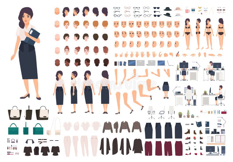 Female secretary or office assistant animation kit. Bundle of woman`s body parts, gestures, postures, clothes isolated