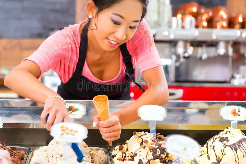 Female seller in Parlor with ice cream cone