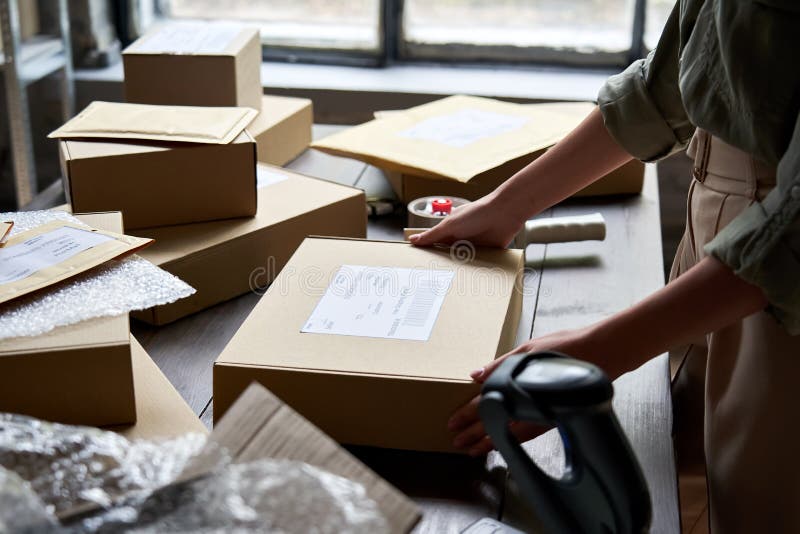 Female Seller Warehouse Worker Packing Shipping Order Box for