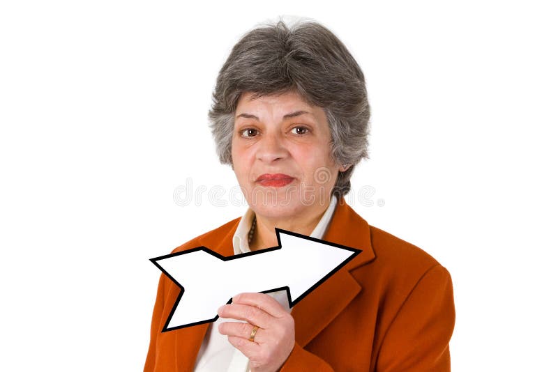 Female senior with blank arrow