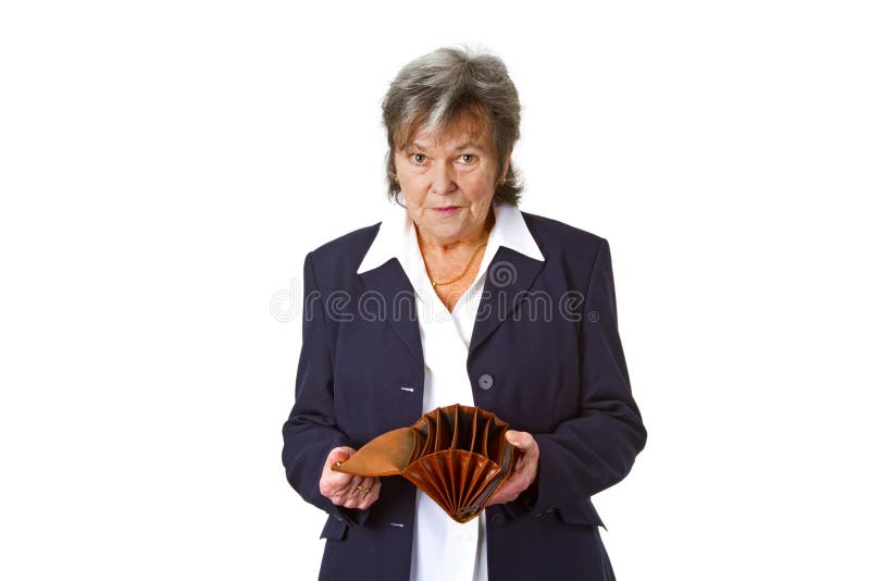 Female senior showing empty wallet