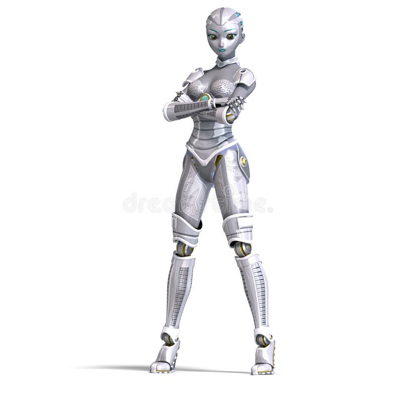 Female metallic robot. 3D rendering with vector illustration