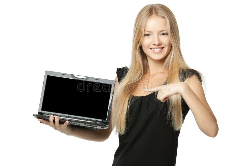 Female showing copy space at laptop screen