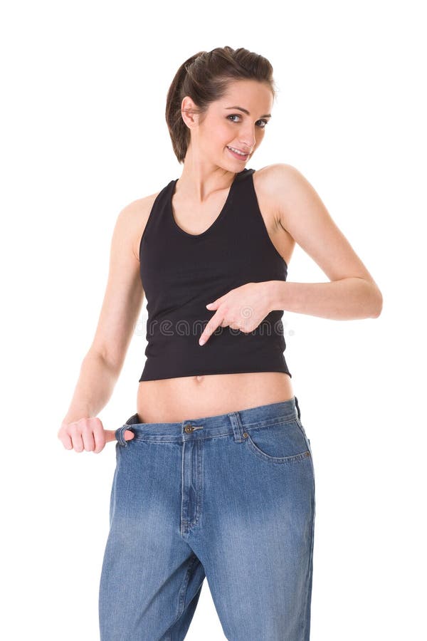 Female shows her old huge jeans, wieght loss