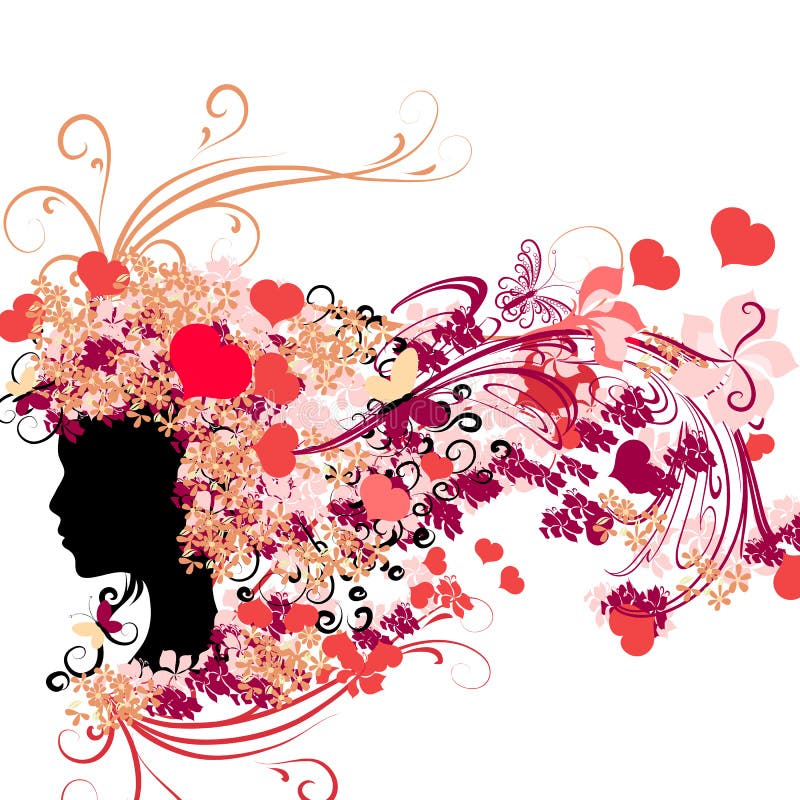 Female Silhouette with Floral Hairstyle and Valentine S Hearts Stock ...
