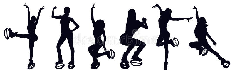 Female silhouettes doing exercises in kangoo jump boots like knee up, jacks, pendulum, seethes, squat, leg swing