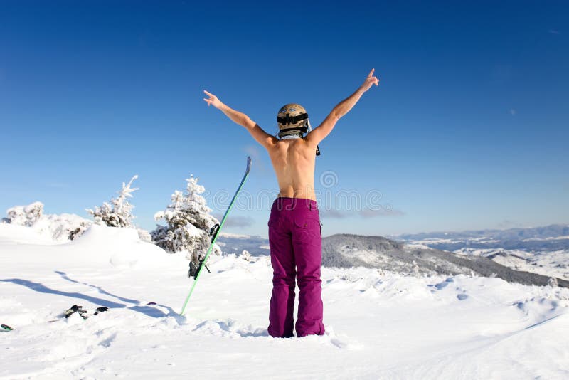 Female Skier Topless Standing On The Heel A Back Stock Photo Image Of Lifestyle Snowboarder