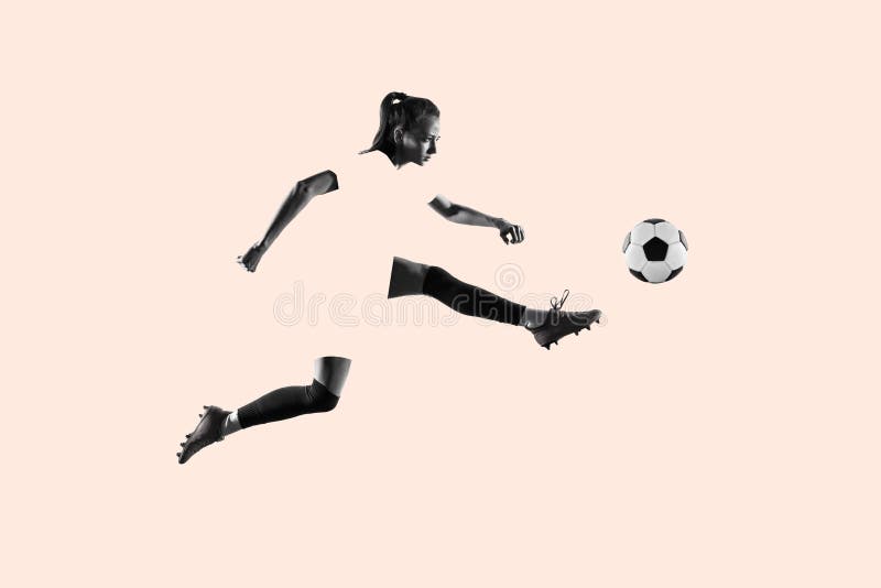 Young female soccer or football player with long hair in sportwear and boots kicking ball for the goal in jump, creative collage. Concept of healthy lifestyle, professional sport, hobby, female strenght. Young female soccer or football player with long hair in sportwear and boots kicking ball for the goal in jump, creative collage. Concept of healthy lifestyle, professional sport, hobby, female strenght.