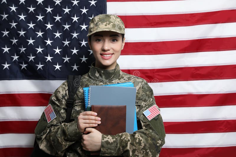 Female Soldier With Backpack And Notebooks Near Flag Of United States Military Education Stock 