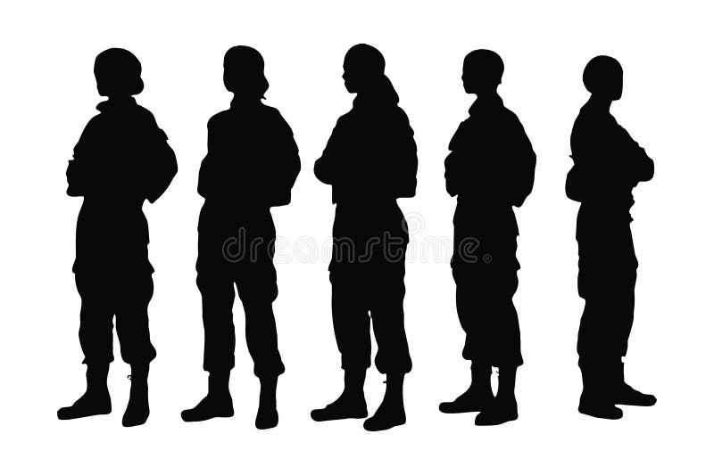 Female soldier silhouette set vector on a white background. Girl infantry unit wearing uniforms silhouette bundle. Army women with anonymous faces. Female special forces silhouette collection