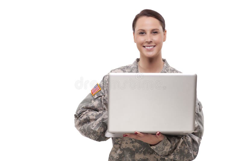 Female soldier using laptop