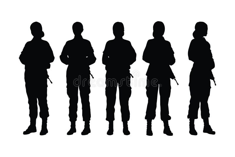 Female soldiers standing in different position silhouette set vector. Woman infantry silhouette bundle on a white background. Girl soldier with anonymous faces, full body silhouette vector