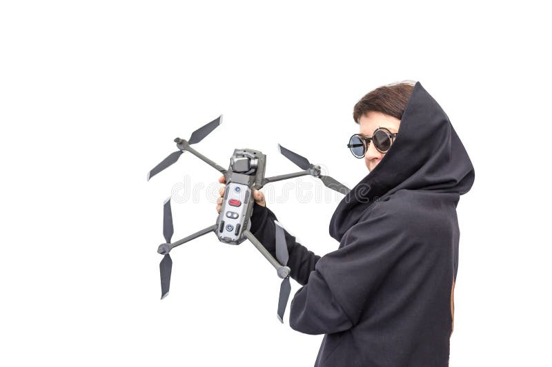 Female spy in black clothes and round glasses with a drone isolated on whit...