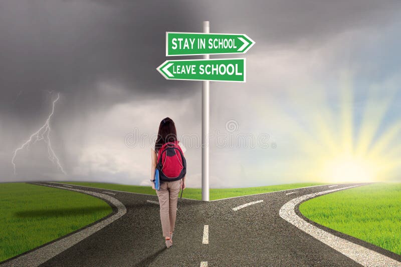 Female student with choices to stay or leave school