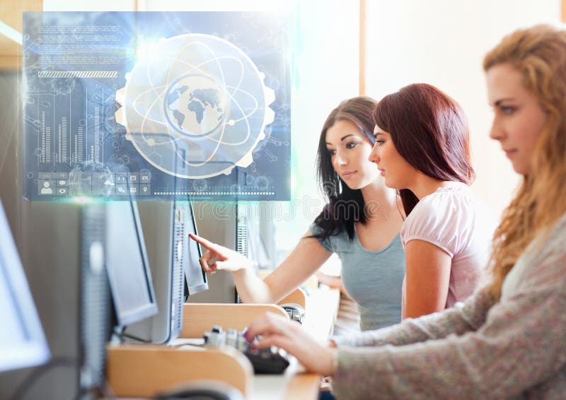 Female Student studying with computer and science education interface graphics overlay royalty free illustration Female Student studying with computer and science education interface graphics overlay royalty free illustration