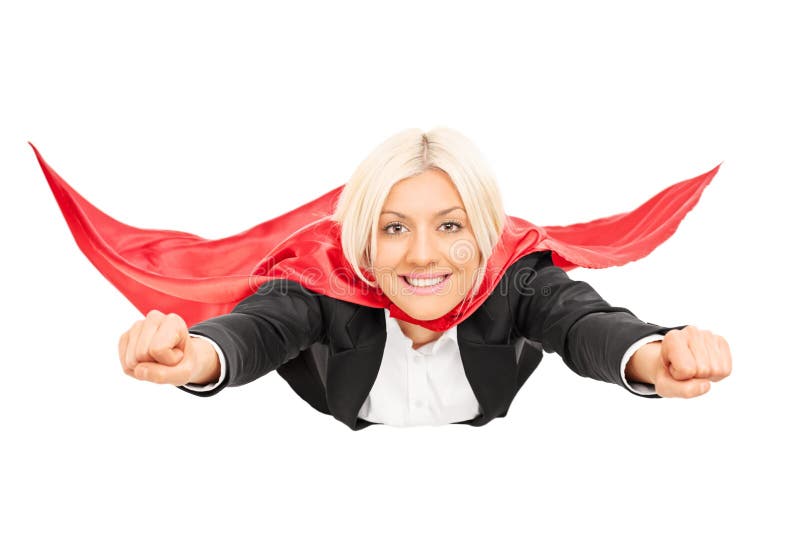 Female superhero flying isolated on white background royalty free stock photos