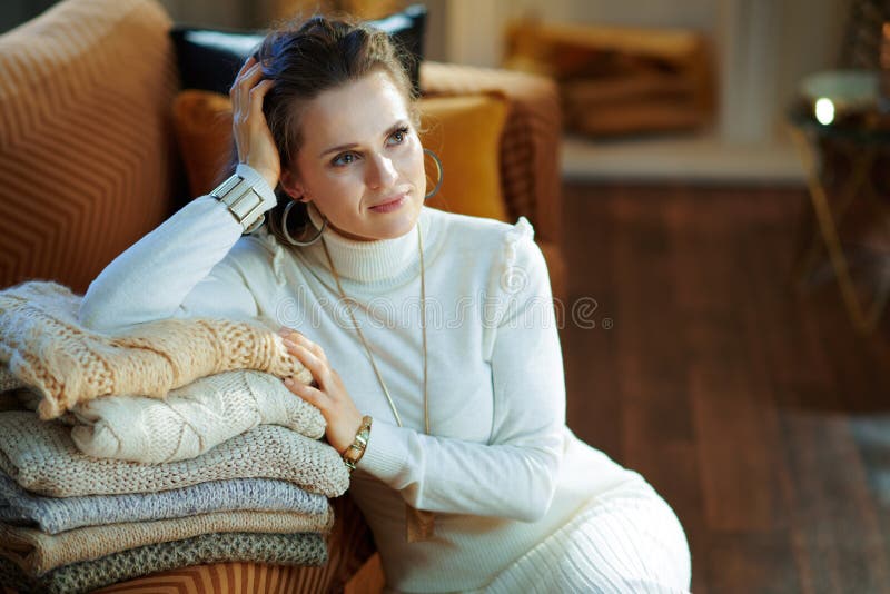 Female with Sweaters in Modern Living Room in Sunny Winter Day Stock ...