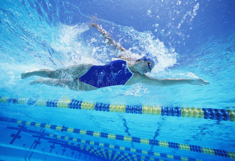 Female swimmer wearing United States swimsuit while swimming in pool