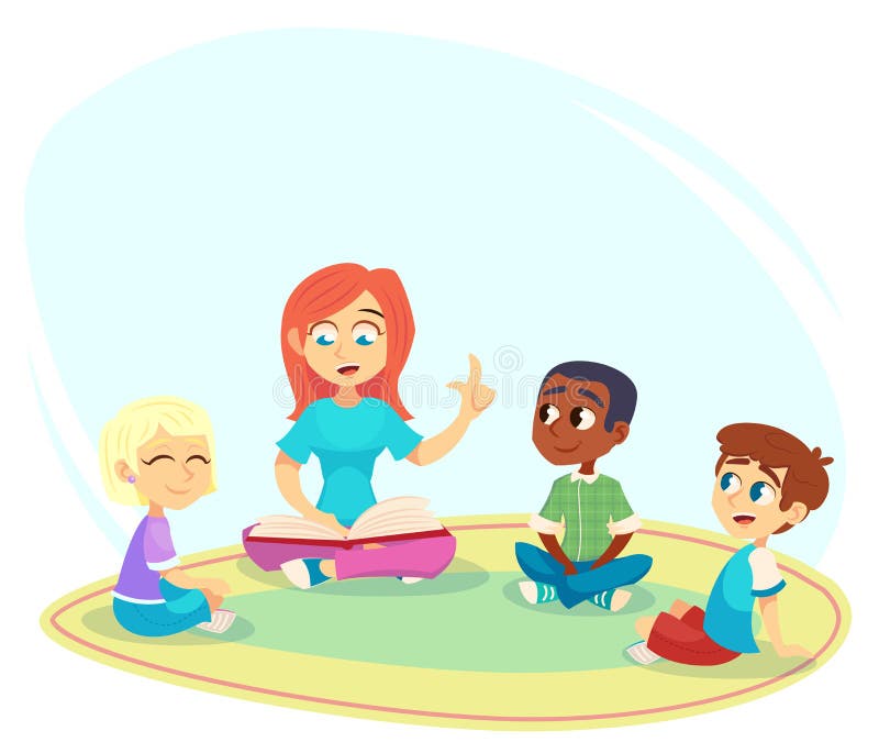 Female teacher read book, children sit on floor in circle and listen to her. Preschool activities and early childhood education. C royalty free illustration Female teacher read book, children sit on floor in circle and listen to her. Preschool activities and early childhood education. C royalty free illustration