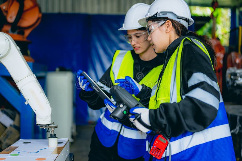 Female technician engineer using controller checking robotic machine royalty free stock image