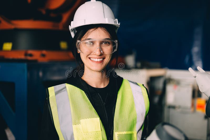 Female technician engineer using controller checking robotic machine stock images