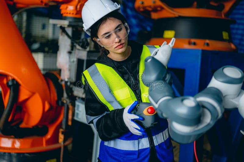 Female technician engineer using controller checking robotic machine stock image