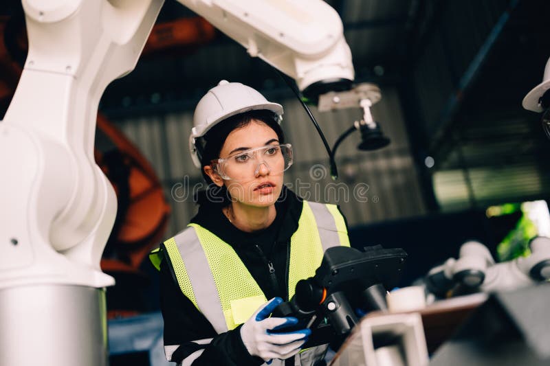 Female technician engineer using controller checking robotic machine stock image