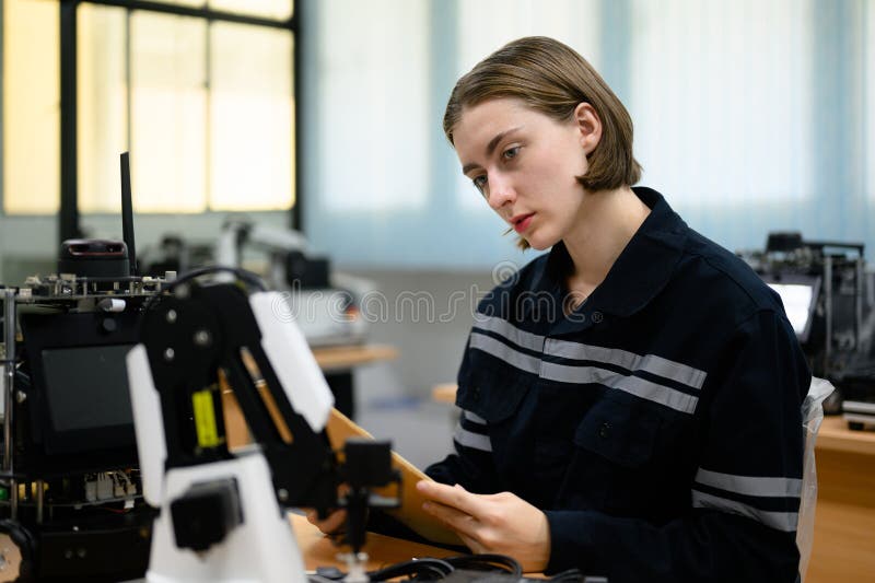 Female technician engineer using laptop checking and operating stock photos