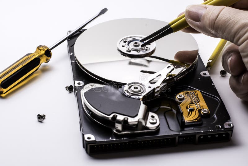 Female Technician Hand Holding and Working on Computer Hard Drive with