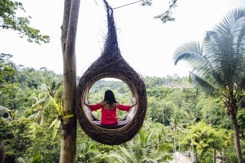 A female tourist is sitting on a large bird nest on a tree at Bali island