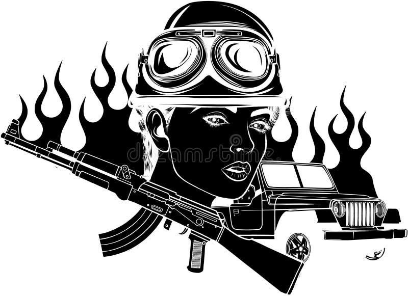 Vector black silhouette of Female war soldier standing, ink drawing abstract style