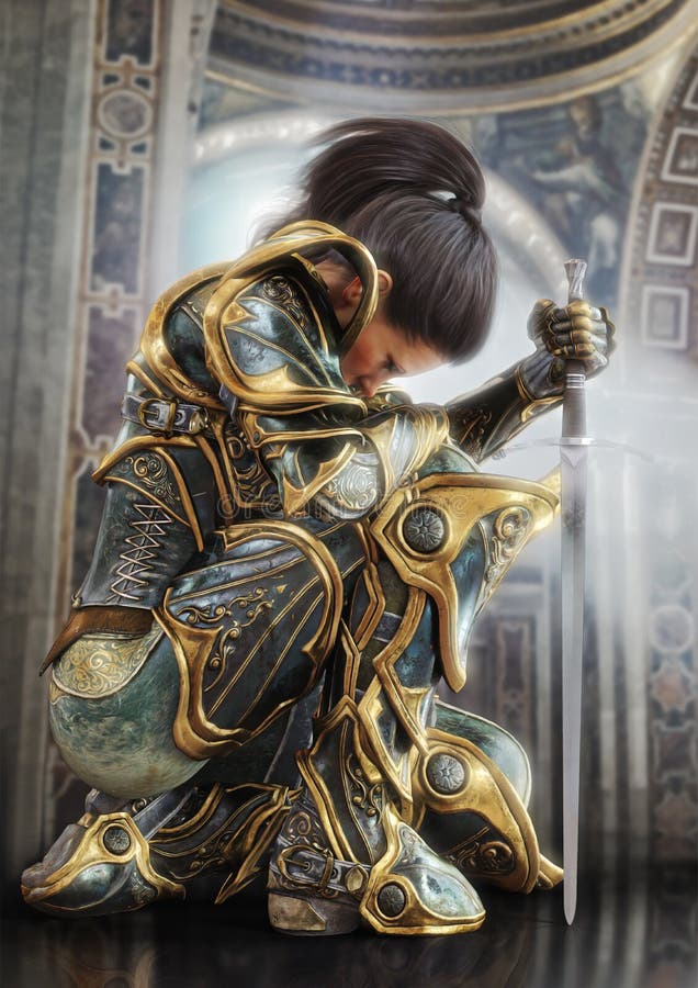 Female warrior knight kneeling proudly wearing decorative ornamental armor.