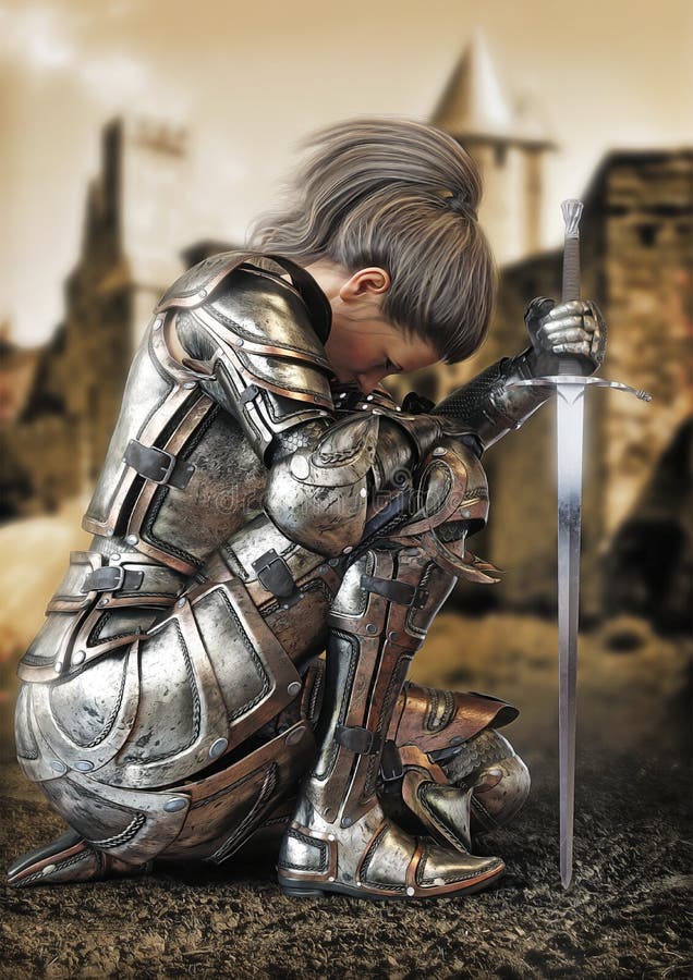 Female warrior knight kneeling wearing decorative metal armor with a castle in the background.