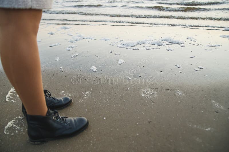 Female in Waterproof Leather Boots on Sea Sand Stock Image Image of