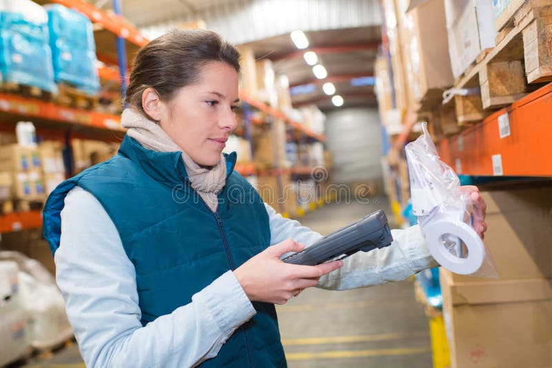 Female Worker with Barcode Scanner in Warehouse Stock Image Image of