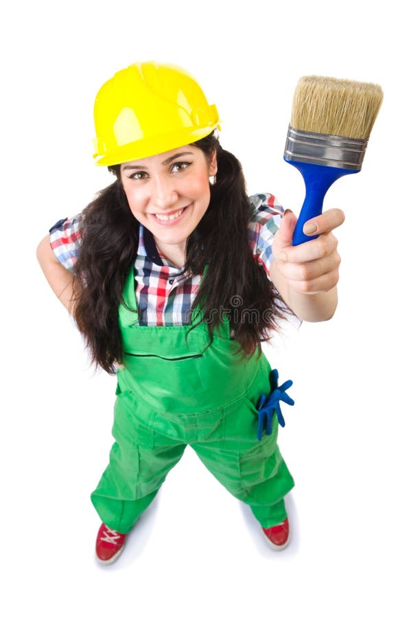 Female Workman in Green Overalls Isolated on White Stock Image Image