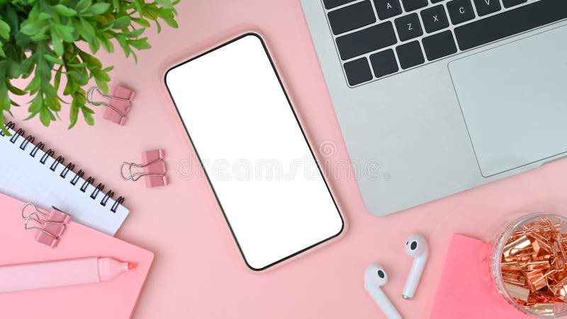 Woman Workspace with Mobile Phone, Laptop, Earphone, Notebook and ...