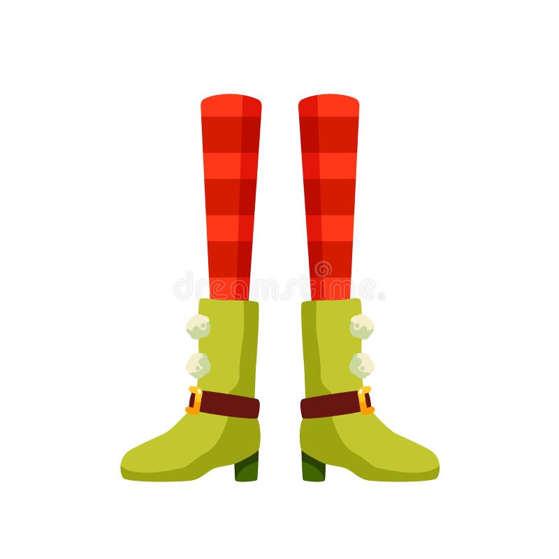 Female Xmas Elf legs flat vector illustration. Christmas leprechaun, pixie cartoon character. Santa helper in funny