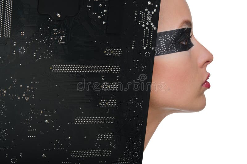Femeie cu vedere neobișnuită și placă de bază stock photos