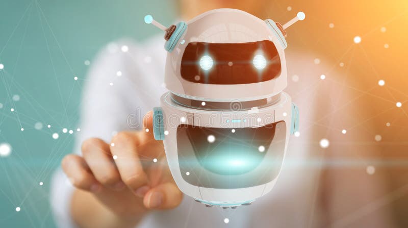 Femeie de afaceri care utilizează aplicația robot chatbot-ului digital 3d renderi royalty free illustration