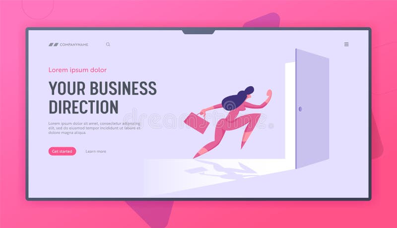 Femeie de afaceri cu servietă care intră pe ușa deschisă sau iese pe o nouă oportunitate de a scăpa de succes royalty free illustration
