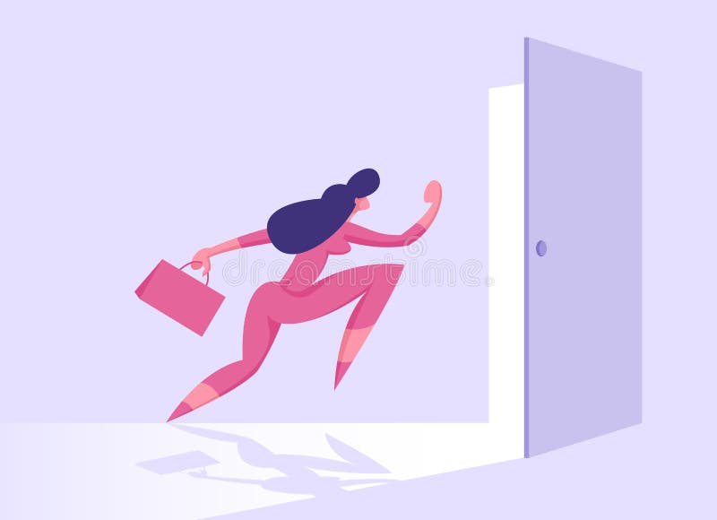 Femeie de afaceri cu servietă care intră în ușă deschisă sau iese, femeie de afaceri cu noi posibilități de scăpare royalty free illustration