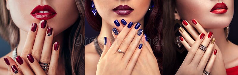 Femeie frumoasă cu machiaj și manichiură diferite. trei variante de aspect elegant stock images