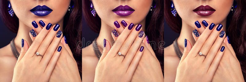 Femeie frumoasă cu machiaj și manichiură diferite. trei variante de aspect elegant royalty free stock image