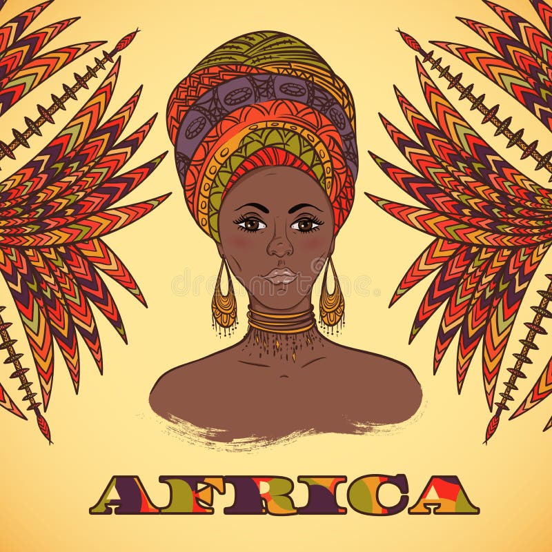 Femeie frumoasă din Africa în limba turbană și frunze de palmier abstracte cu ornament etnic geometric. stock illustration