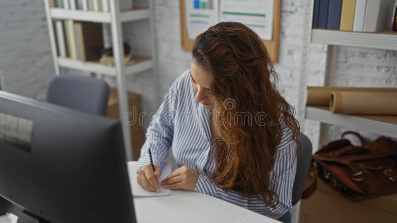 Femeie hispanică scriind la birou în interior modern de birou cu rafturi în fundal care reflectă un spațiu de lucru profesional co royalty free stock photo
