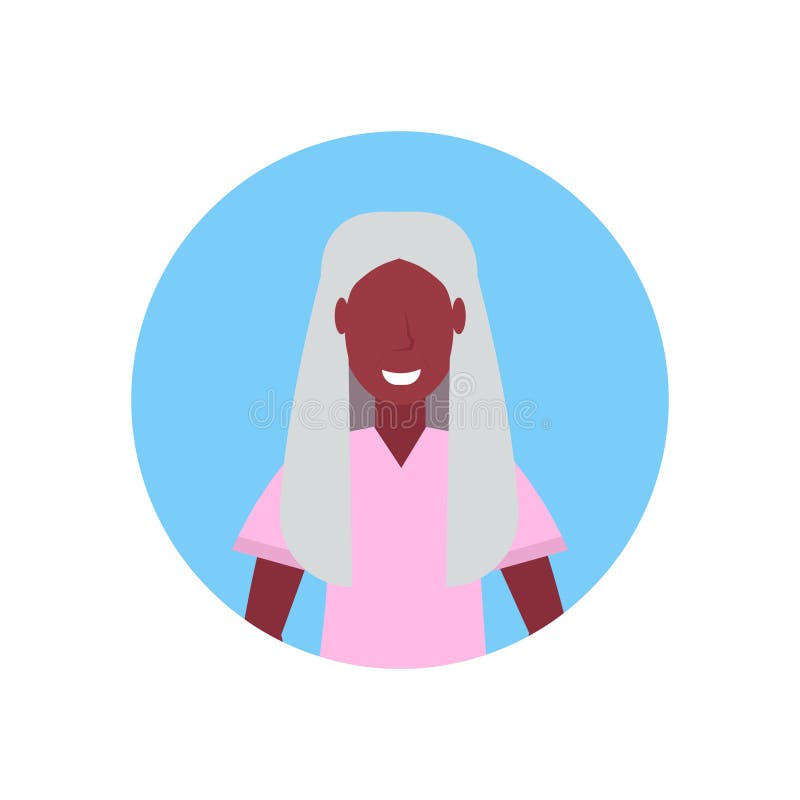 Femeie de rang înalt, o bunică americană africană fericită se confruntă cu portretul feminin al caricaturii animate, plat și izola vector illustration